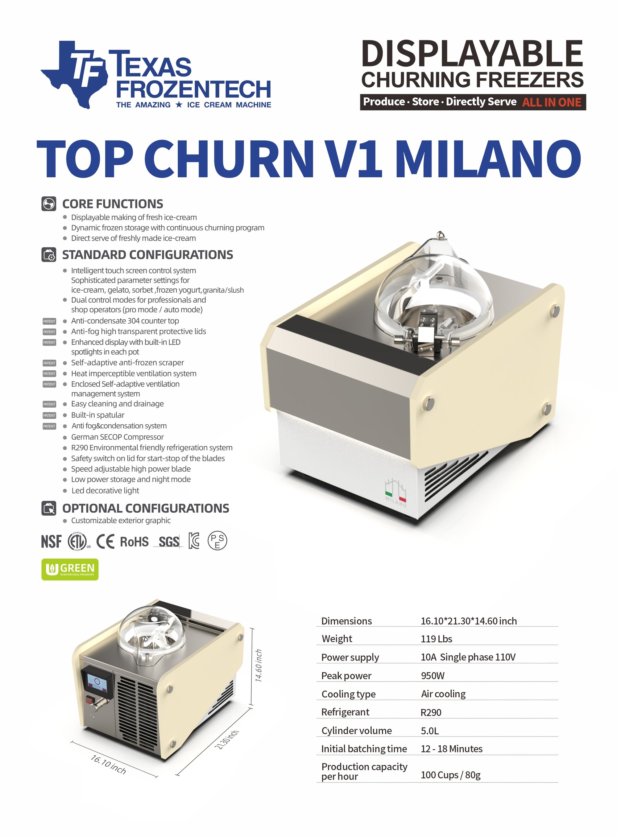 Commercial Gelato Ice Cream Maker, Top Churn V1 Milano Specs | Texas Frozentech