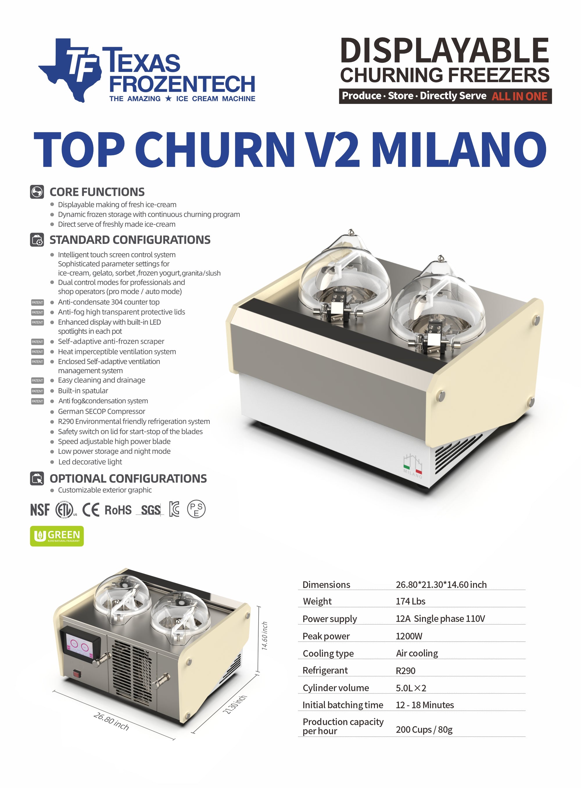 Commercial Gelato Ice Cream Maker, Top Churn V2 Milano Specs | Texas Frozentech