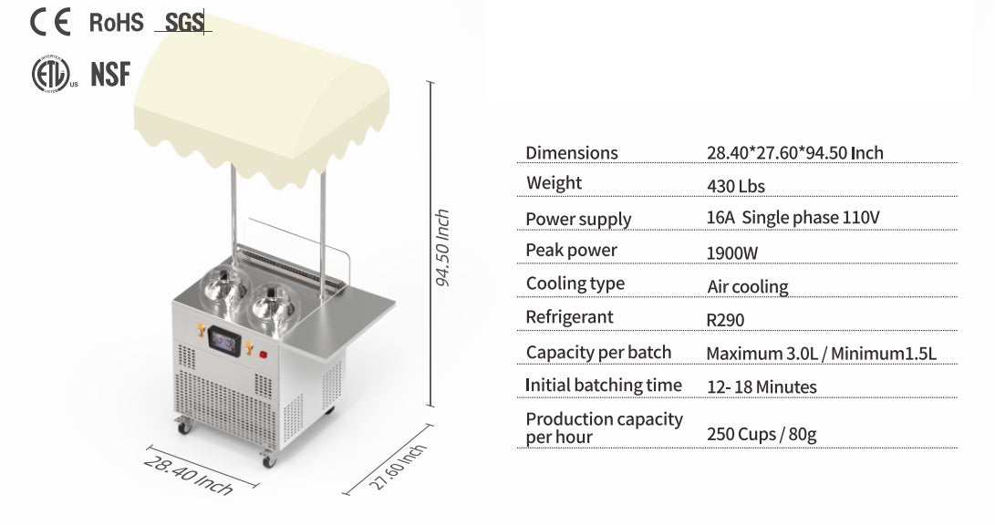 Commercial Gelato Ice Cream Cart, V2, Two Pots - Top Churn Specs | Texas Frozentech