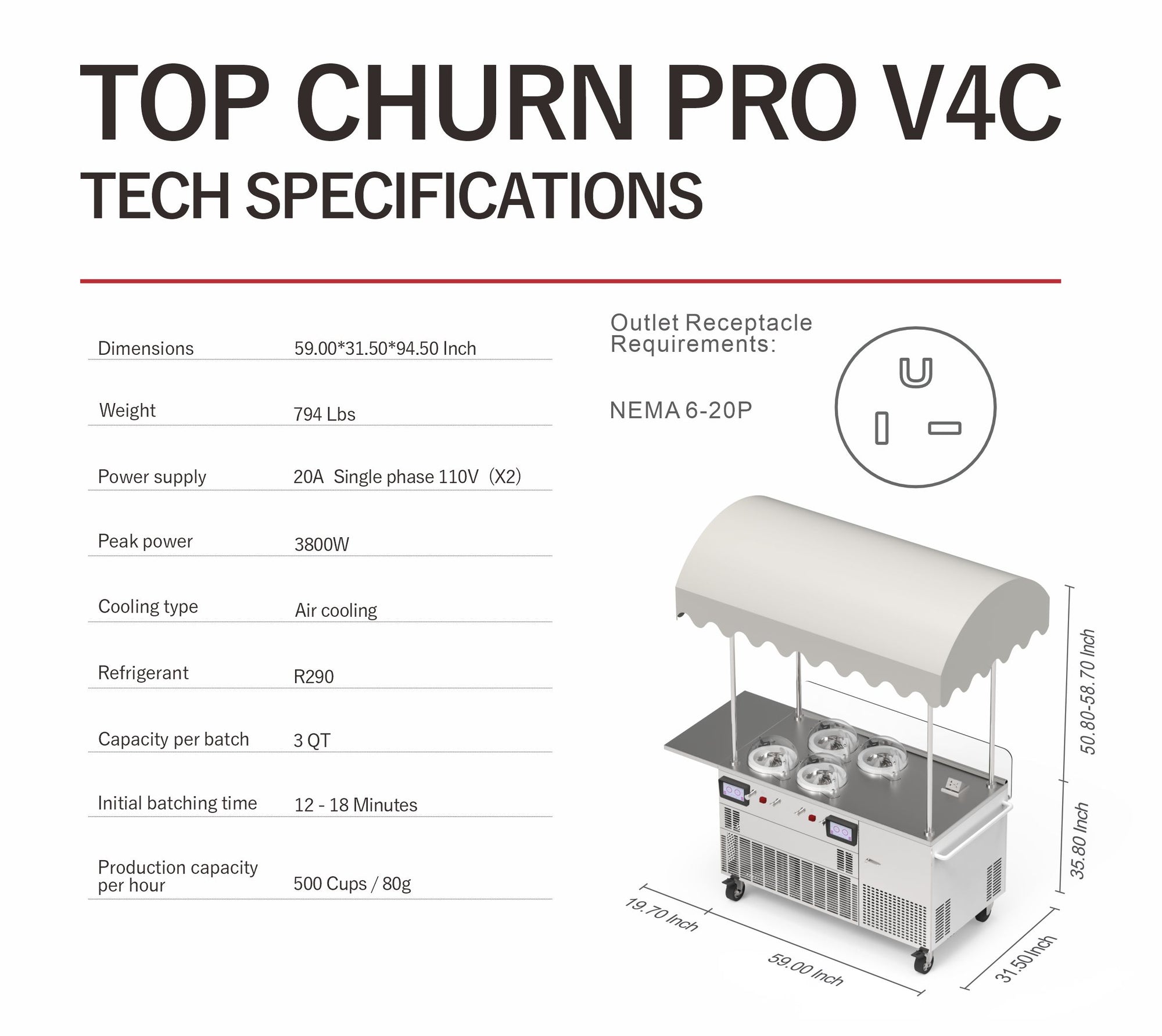 Commercial Gelato Ice Cream Cart, V4, Four Pots - Top Churn Specs | Texas Frozentech