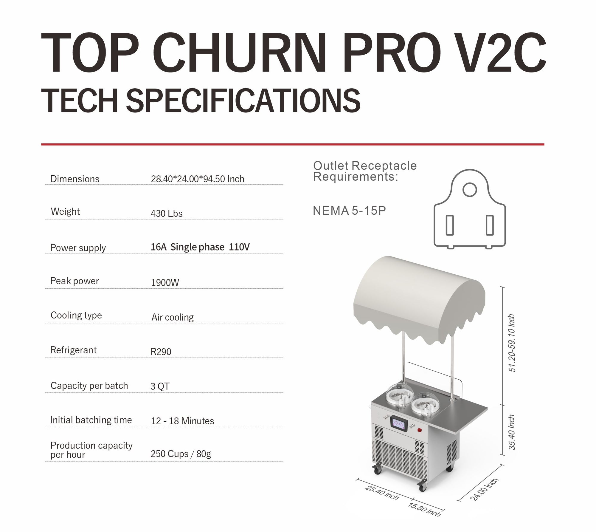 Commercial Gelato Ice Cream Cart, V2, Two Pots - Top Churn Specs | Texas Frozentech